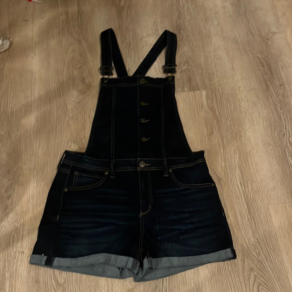 Dark blue denim overall shorts